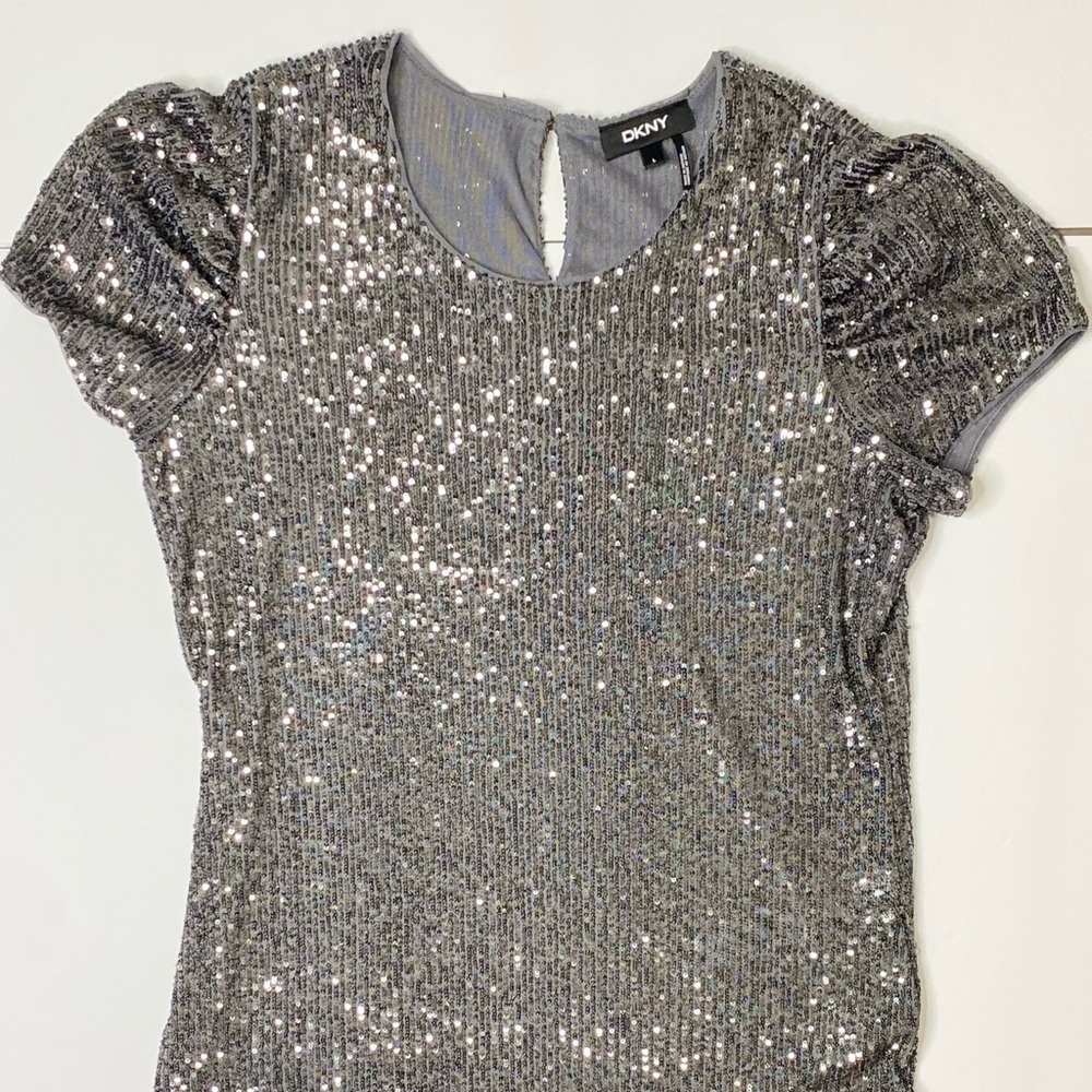 DKNY Silver Sequin Puff Sleeve Blouse